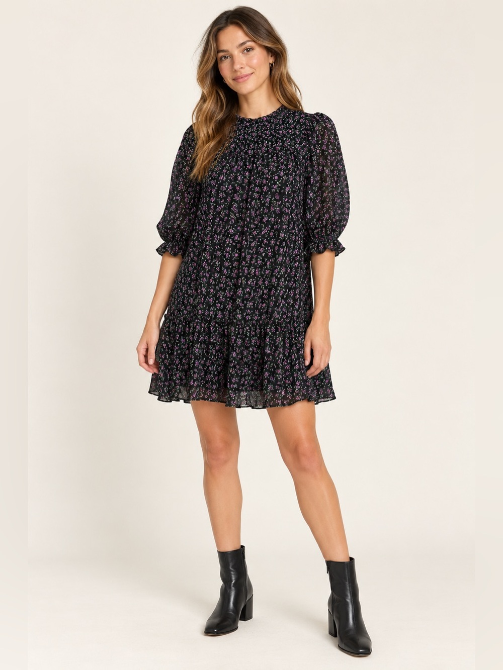 Zara Black Ditsy Floral Mini Dress Medium Puff Sleeve Ruffle Hem